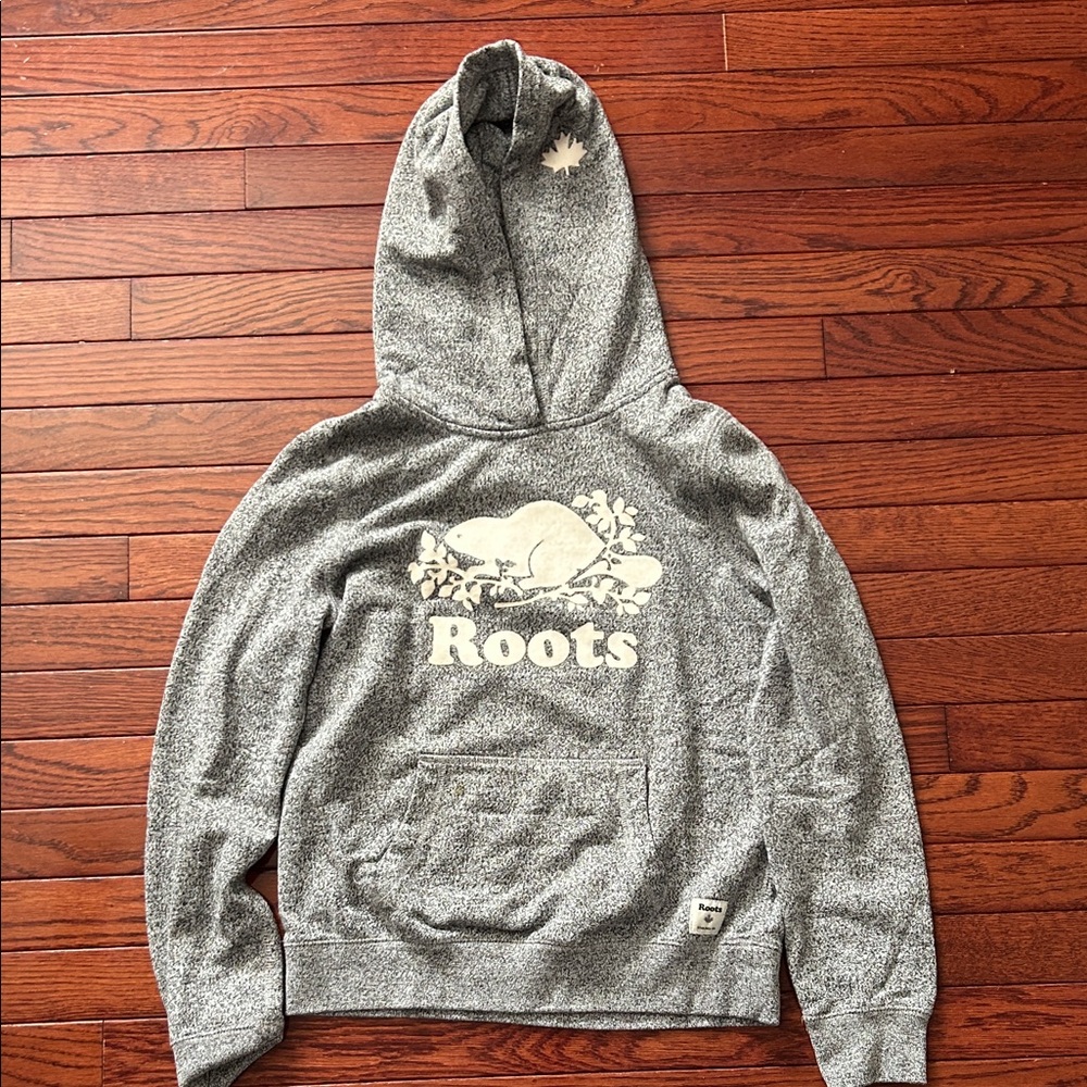 Roots Heather Gray Hoodie with Beaver Emblem